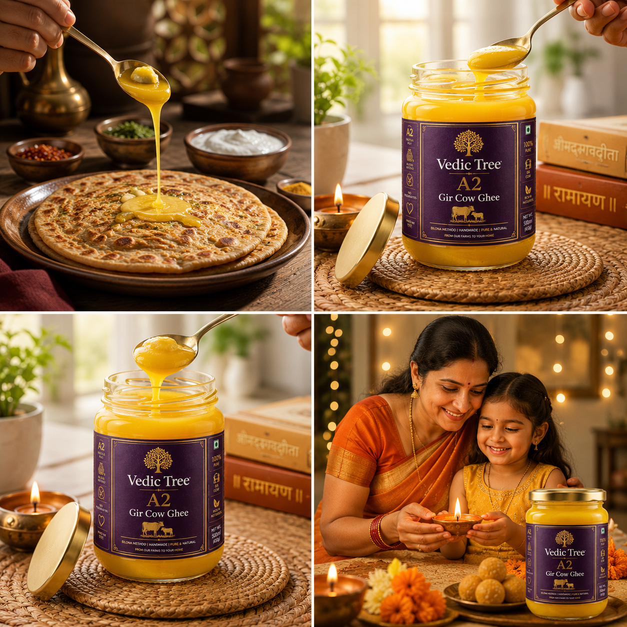 Vedic Tree Pure A2 Gir Cow Ghee 500ML| Traditional Bilona Method Curd-Based Desi Ghee for Cooking & Ayurveda