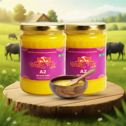 Vedic Tree Pure A2 Gir Cow Ghee (500 ml, Pack of 3) Traditional Bilona Method Curd-Based Desi Ghee for Cooking & Ayurveda( Approved by Food Safety and Standards Authority of India)