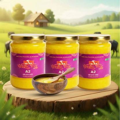 Vedic Tree Pure A2 Gir Cow Ghee (500 ml, Pack of 3) Traditional Bilona Method Curd-Based Desi Ghee for Cooking & Ayurveda( Approved by Food Safety and Standards Authority of India)
