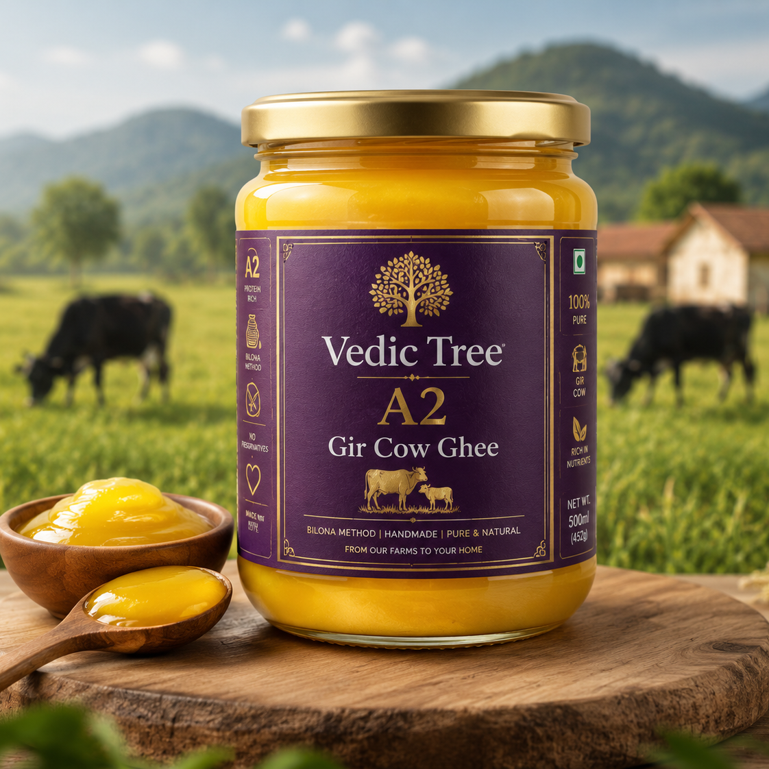 Vedic Tree Pure A2 Gir Cow Ghee Pack Of 1 & 2 | Traditional Bilona Method Curd-Based Desi Ghee for Cooking & Ayurveda