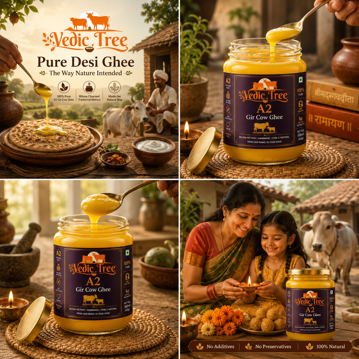 Vedic Tree Pure A2 Gir Cow Ghee 500ML| Traditional Bilona Method